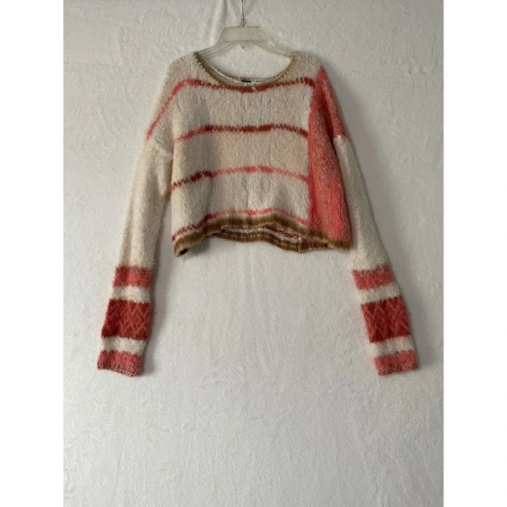 Free People Fuzzy Crop Sweater Emerson Pullover Champagne Dream Combo Sz Medium